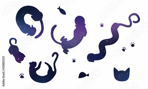 Stencil. Vector image of flat isolated cats on a white space color background. Cats and kittens lie, play, spin the ball, pull themselves up nicely. The illustration has animals, fish, cat paws, food,