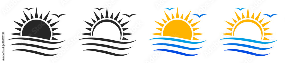 Set of sun and sea logotypes. Sunset icon, island and sea beach. Sun and sea wave symbol. Vector illustration. - obrazy, fototapety, plakaty 