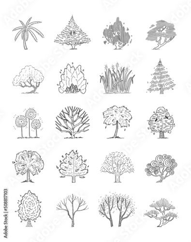 Hand drawn vector set of side view trees.