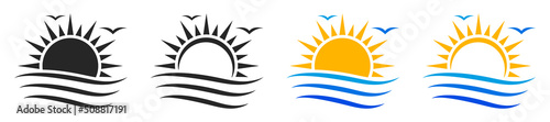 Set of sun and sea logotypes. Sunset icon, island and sea beach. Sun and sea wave symbol. Vector illustration.