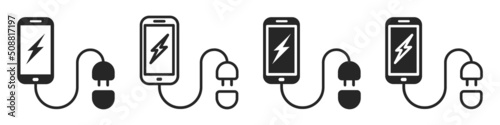 Set of smartphone charge battery icons. Phone with a low battery charge, phone and charger. Smartphone being charged, black silhouette. Electric socket, adapter, vector.