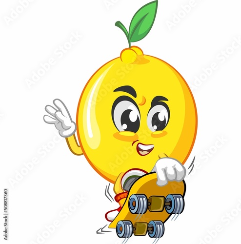 cute lemon fruit mascot character illustration logo icon vector jump with skateboard
