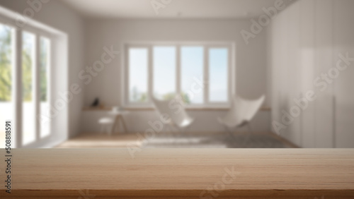 Empty wooden table  desk or shelf with blurred view of modern white living room with carpet and armchairs  big window  modern interior design concept