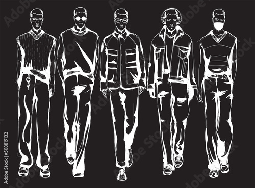 Fashion man. Sketch set of a fashion aframerican man on a black background. Summer men. Street style