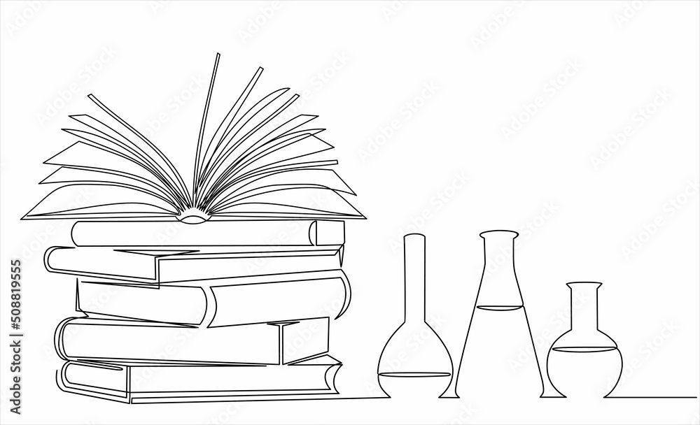 Continuous one line drawing of books stack and laboratory glassware on white background. Isolated simple line modern graphic style. Hand drawn graphic concept for education Continuous one line drawing of books stack and laboratory glassware on white background. Isolated simple line modern graphic style. Hand drawn graphic concept for education