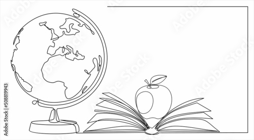 Earth globe, book and apple on desk. Continuous one line drawing. One line vector illustration. Order a banner for one line drawing.  