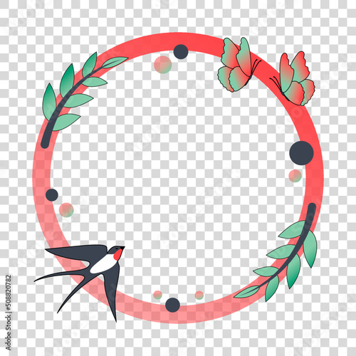 Round frame. Coral color frame. Frame with martlets and  butterflies. Spring frame with branches. Space for photo. Copy space frame.