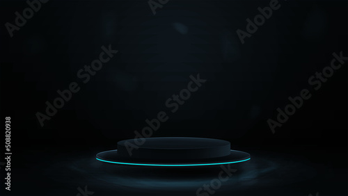 Empty dark podium with blue line neon for product presentation, 3d realistic vector illustration. Gray and dark digital scene