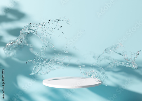 White round podium with shadows of leaves and water splash on light blue background. Mock up for product, cosmetic presentation. Pedestal or platform for beauty products. Empty scene. 3D rendering.
