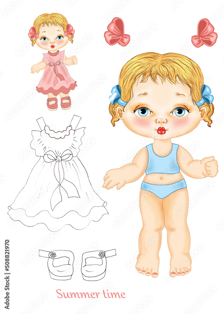 Freehand illustration on paper of a baby paper doll with clothes in black and white to color and cut out Freehand illustration on paper of a baby paper doll with clothes in black and white to color and cut out
