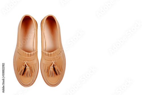 Leather women's light brown shoes standing together, isolated on a white background.Sale of seasonal women's classic shoes, business-style shoes.Care of genuine leather shoes, repair shop.