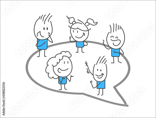 Stick figures. People with speech bubbles. Cartoon style. Social networks, news, social networks, chat, dialogue speech bubbles.