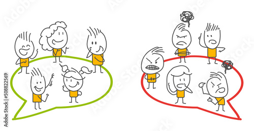 Stick figures. People with speech bubbles. Cartoon style. Social networks, news, social networks, chat, dialogue speech bubbles.