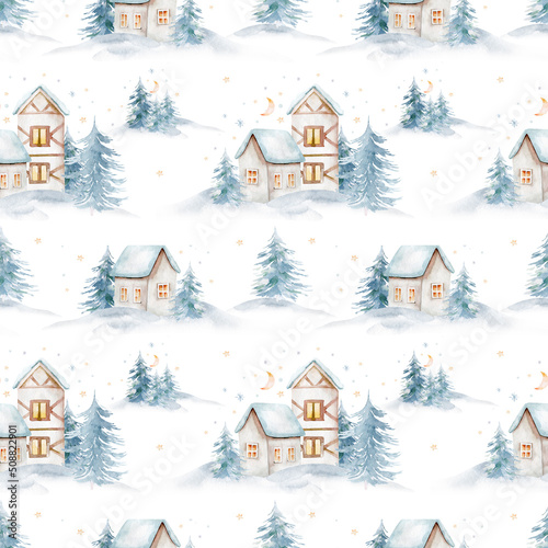 Watercolor Merry Christmas seamless pattern snowman, christmas tree, santa holiday invitation. Christmas gift celebration cards. Winter new year design. © kris_art