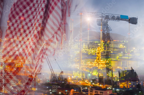 Double exposure of Arab business people on oil and gas refinery plant background. Industry petrochemical concept.