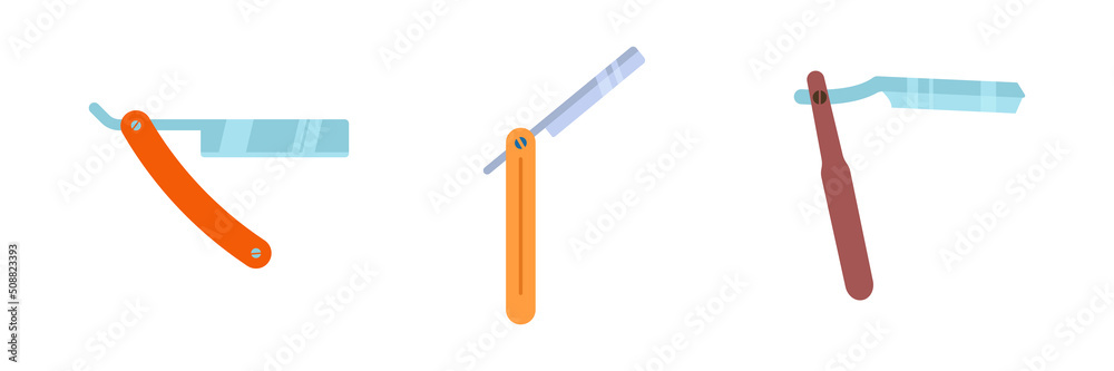 Shaving razor mockup set. Vector illustration or icon set of straight razor with brown handle and color wet shave razors for men. Barber shop