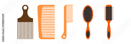Fashion equipment collection of combs hairbrush for hair, set icon of different types of combs, vector barber shop, Hairdresser style accessories, hairdryer