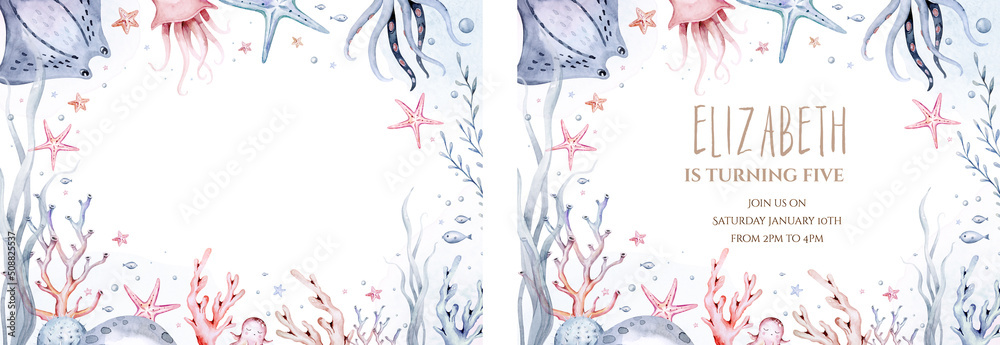 Obraz premium Underwater baby shower templates. Blue watercolor submarine ocean fish, turtle, whale and coral. Shell aquarium background. Nautical snorkeling, diving dolphin marine illustration, jellyfish, starfish