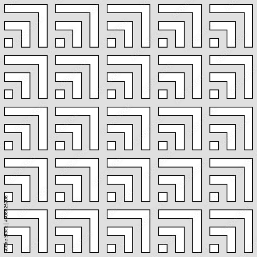 Seamless Chinese window tracery pattern design. Repeated black hollow squares and angle brackets on grey background. Interlocking polygons tessellation wallpaper. Ethnic flooring motif. Digital paper Seamless Chinese window tracery pattern design. Repeated black hollow squares and angle brackets on grey background. Interlocking polygons tessellation wallpaper. Ethnic flooring motif. Digital paper