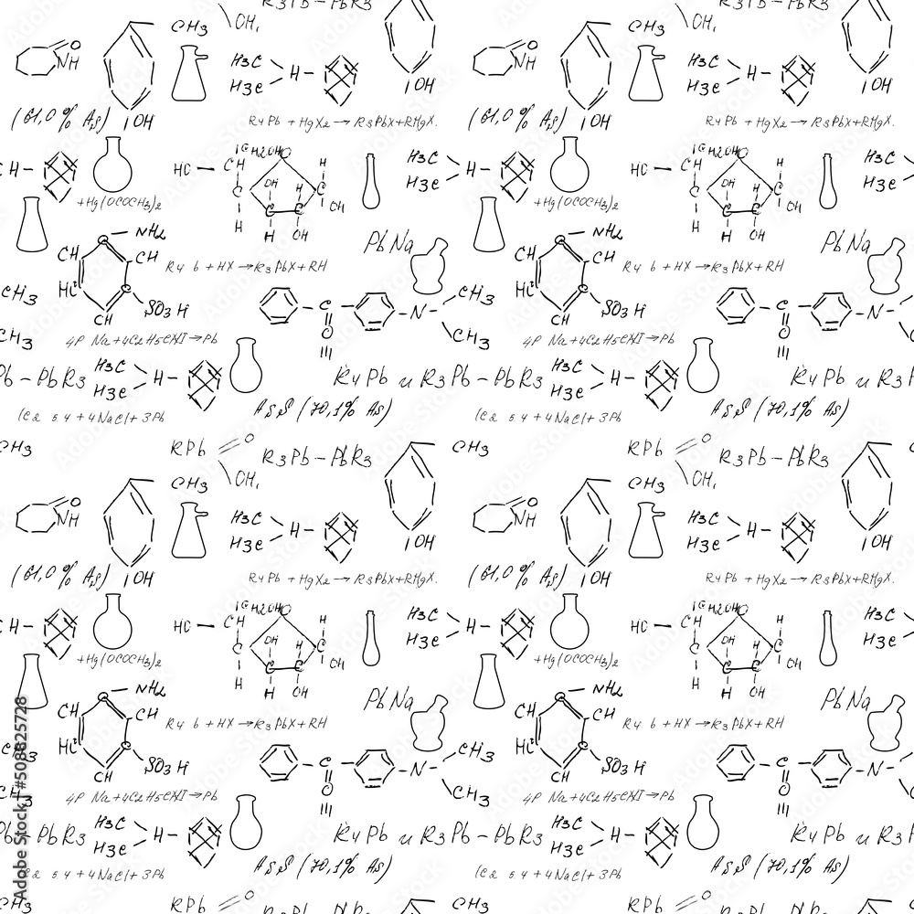Chemistry seamless pattern with handwriting of various formulas and molecules structures and diagrams. Atom geometry. College lectures. Scientific study as former Alchemy. Vector. Chemistry seamless pattern with handwriting of various formulas and molecules structures and diagrams. Atom geometry. College lectures. Scientific study as former Alchemy. Vector.