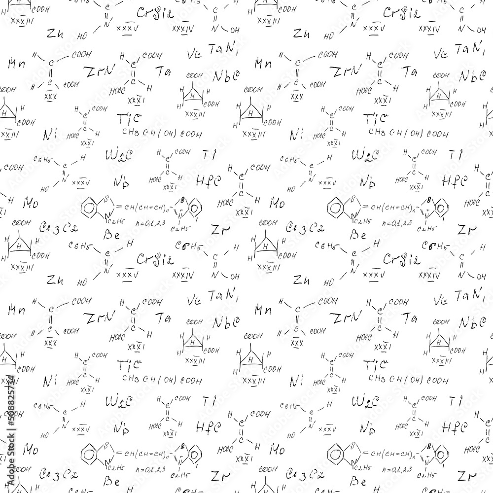 Hand draw chemistry pattern on white background. Back to School seamless pattern. Science lab subject. Education notes in exercise book page. Chemical study paper. Endless illustration. Vector.