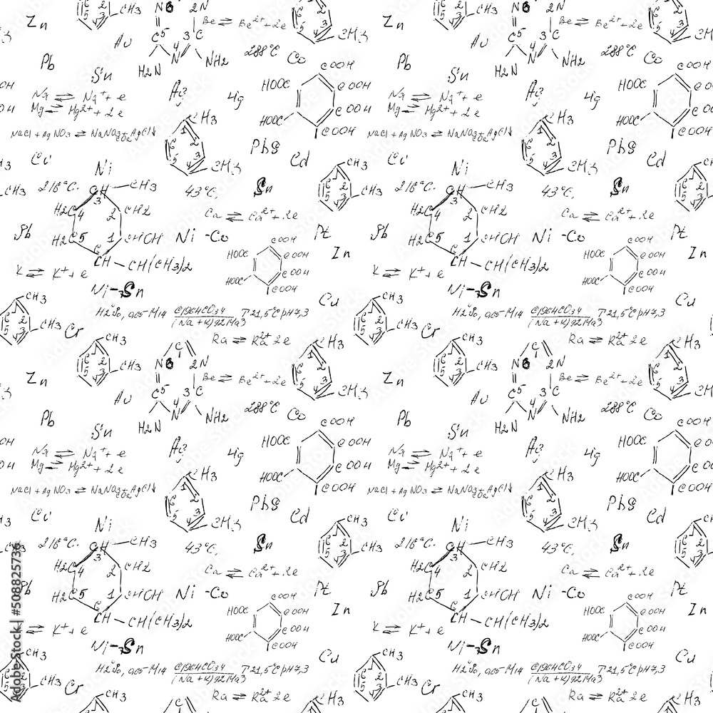 Hand draw chemistry pattern on white background. Back to School seamless pattern. Science lab subject. Education notes in exercise book page. Chemical study paper. Endless illustration. Vector.