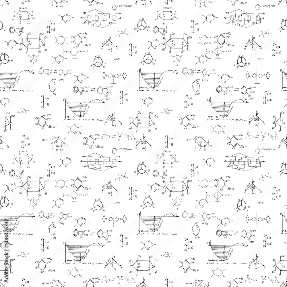 Hand draw chemistry pattern on white background. Back to School seamless pattern. Science lab subject. Education notes in exercise book page. Chemical study paper. Endless illustration. Vector.