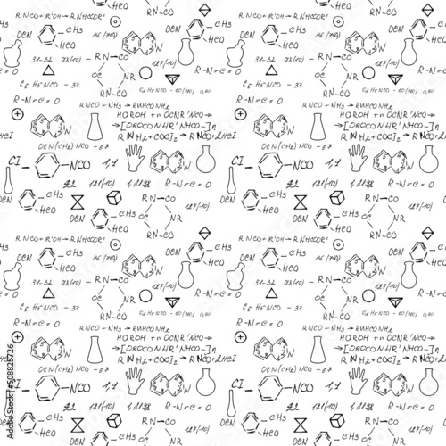 Chemistry seamless pattern with handwriting of various formulas and molecules structures and diagrams. Atom geometry. College lectures. Scientific study as former Alchemy. Vector.