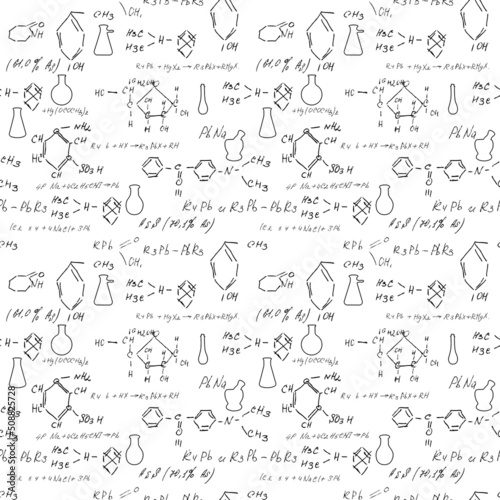 Chemistry seamless pattern with handwriting of various formulas and molecules structures and diagrams. Atom geometry. College lectures. Scientific study as former Alchemy. Vector.