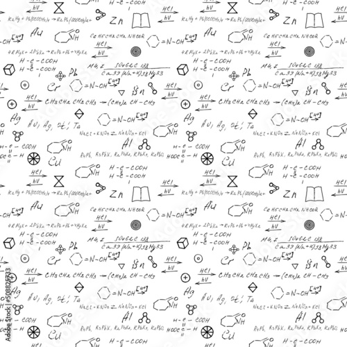 Hand draw chemistry pattern on white background. Back to School seamless pattern. Science lab subject. Education notes in exercise book page. Chemical study paper. Endless illustration. Vector.