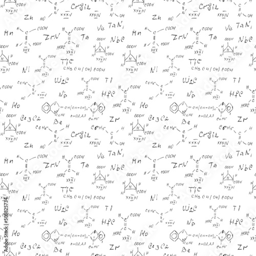 Hand draw chemistry pattern on white background. Back to School seamless pattern. Science lab subject. Education notes in exercise book page. Chemical study paper. Endless illustration. Vector.