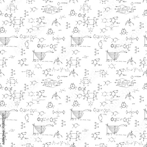 Hand draw chemistry pattern on white background. Back to School seamless pattern. Science lab subject. Education notes in exercise book page. Chemical study paper. Endless illustration. Vector.