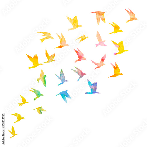 Tela Silhouette of watercolour flying birds on white background