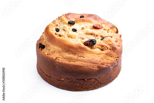 Homemade cake with raisins and nut isolated on white