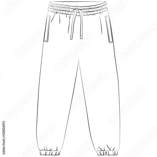 sport sweatpants, wide jogging pants contour lines drawn, sketch drawing photo