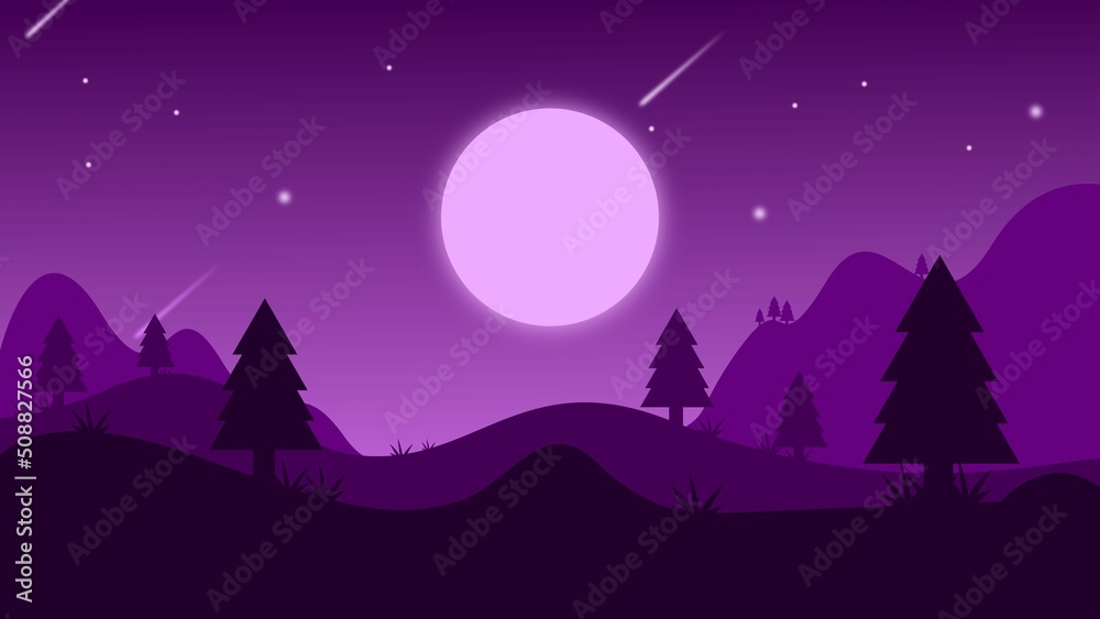 night view with mountains and purple trees