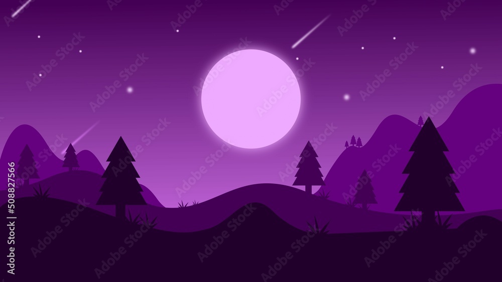 Naklejka premium night view with mountains and purple trees