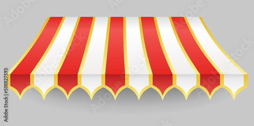 Awning element. Sunshade prevent sunlight and rain. Shop decorating. Outdoor vintage striped canopy. Marketplace tent roof, template for design