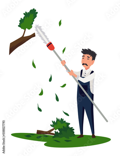 Professional gardener trimming plant with hedge trimmer. Man working in backyard. Colored flat vector illustration of worker in uniform isolated on white background