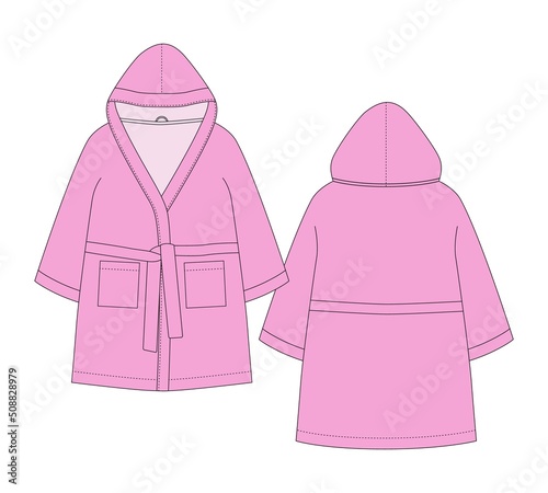 Bathrobe technical sketch. Hooded bathrobe with pocket and belt. Pink color.
