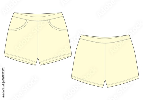 Technical sketch sleep shorts pants design template. Milk color. Elastic sport shorts.