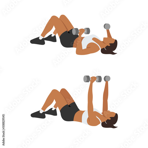 Woman doing Dumbbell chest press exercise. Flat vector illustration isolated on white background