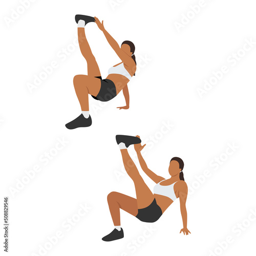 Woman doing Crab toe touches exercise. Flat vector illustration isolated on white background