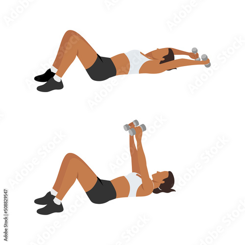 Woman doing Dumbbell pullover exercise. Flat vector illustration isolated on white background