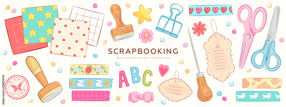 Collection of hand drawn art supplies for scrapbooking isolated on background. Vector illustration