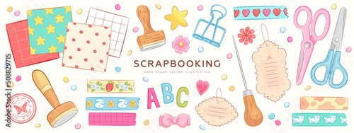 Collection of hand drawn art supplies for scrapbooking isolated on background. Vector illustration photo