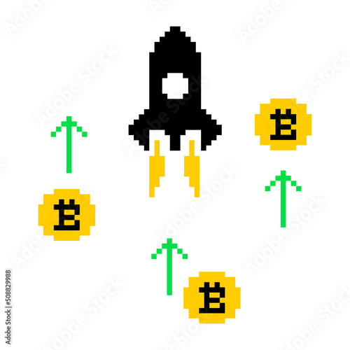 Pixel rocket with arrows up and bitcoin coins. Illustration of bitcoin cryptocurrency growth