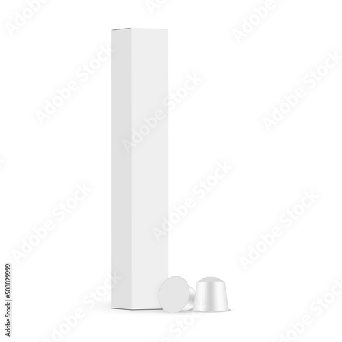 Coffee Capsules With High Packaging Box Mockup, Side View. Vector Illustration