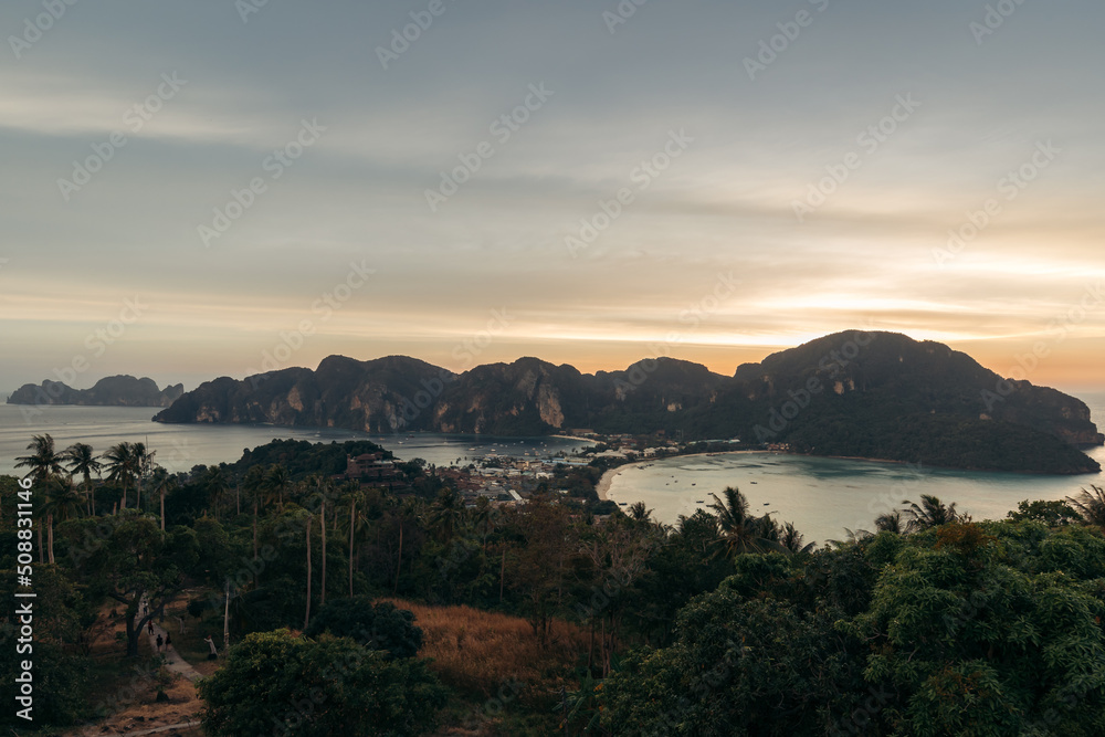 Panoramic view of Koh Phi Phi Don island from Viewpoint 2 at sunset