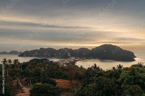 Panoramic view of Koh Phi Phi Don island from Viewpoint 2 at sunset